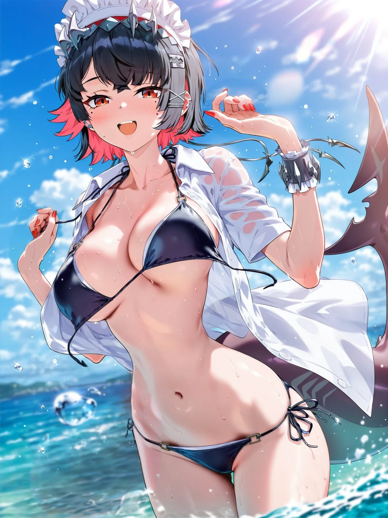 绝区零福利图：卡吕普索黑色比基尼+白透衬衫，火辣曲线勾人心魄