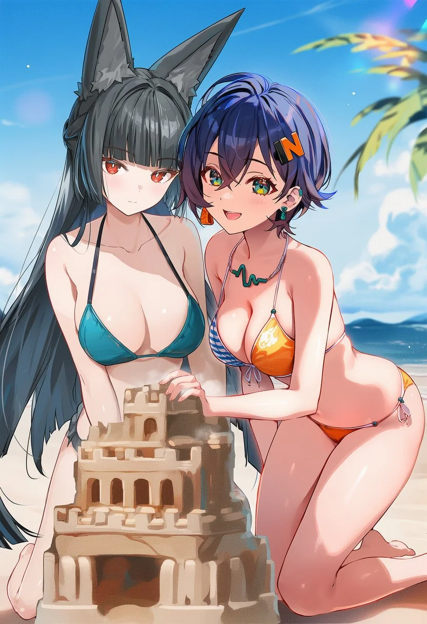 绝区零福利图：星见雅&妮可比基尼海滩堆沙，火辣曲线勾魂摄魄