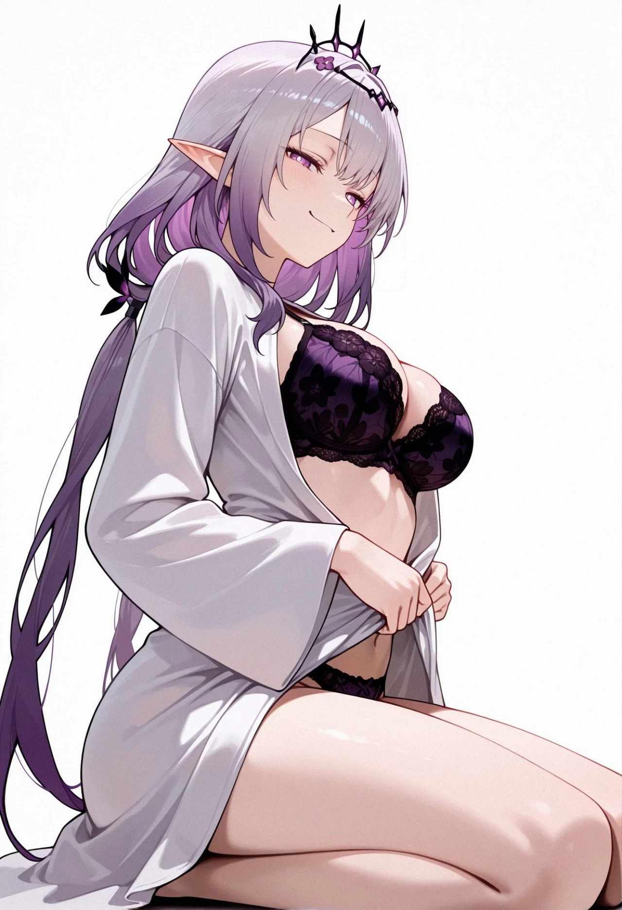 星穹铁道福利图：爱蜜莉雅黑蕾丝内衣白睡袍，慵懒魅惑曲线勾魂
