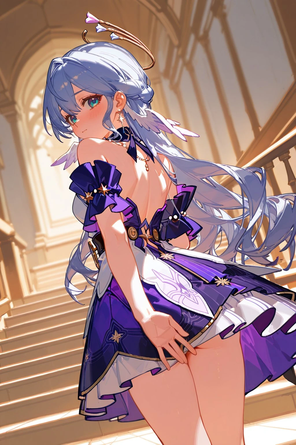 星穹铁道福利图：知更鸟露背紫裙回眸，纯欲甜美曲线勾魂