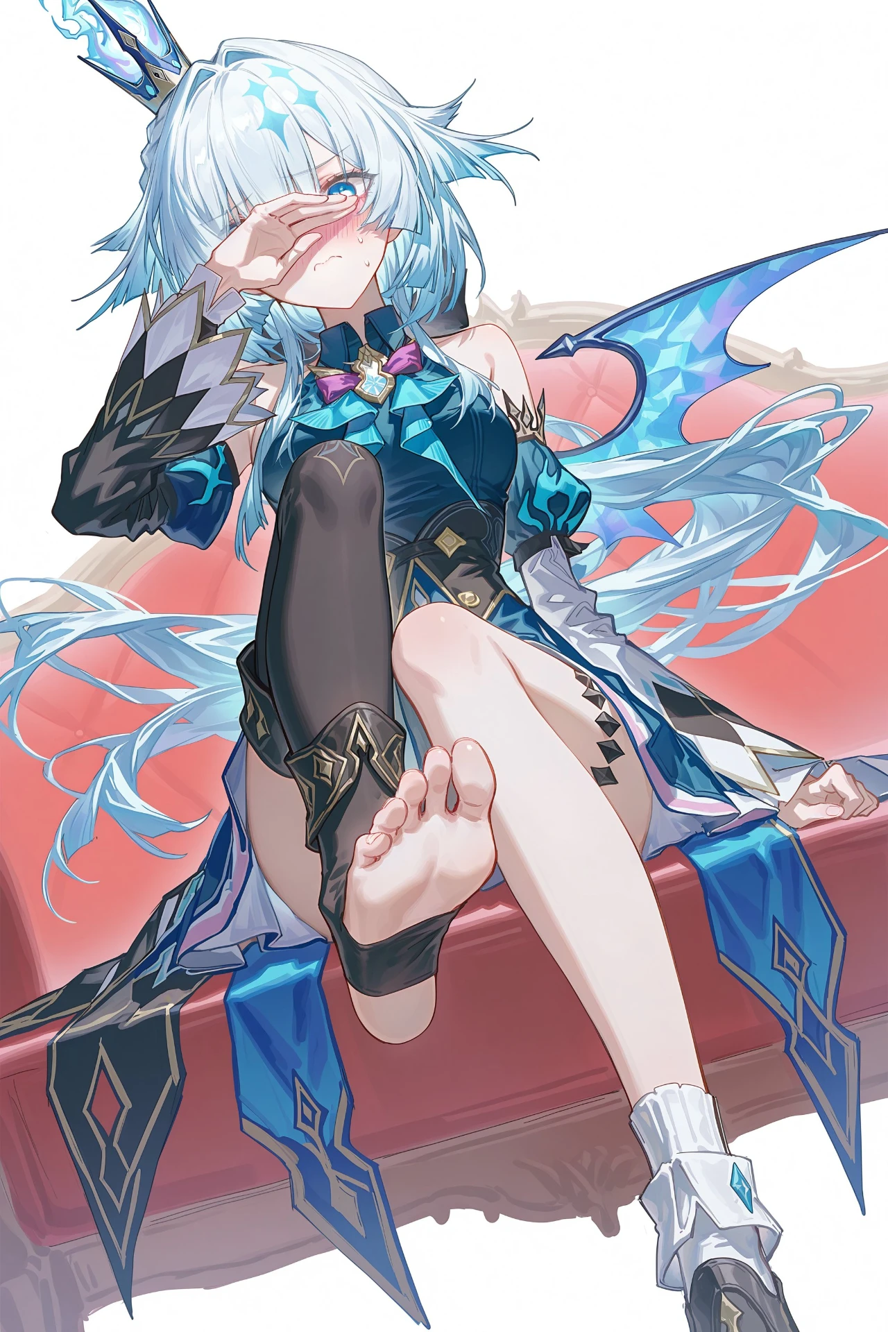 星穹铁道福利图：深蓝露肩裙黑丝，娇羞遮眼曲线撩人