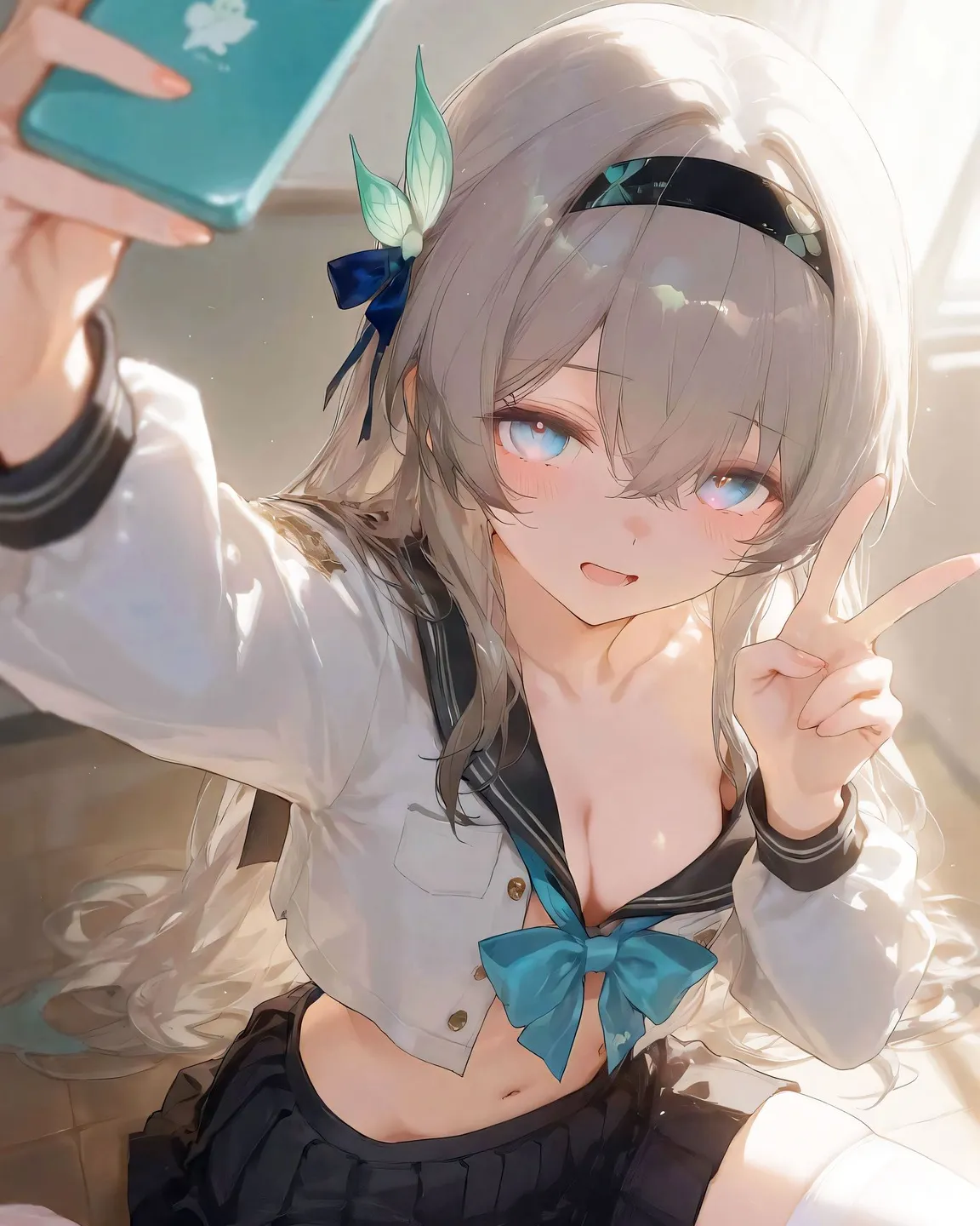 星穹铁道福利图：三月七水手服短裙自拍，俏皮性感小腹诱人