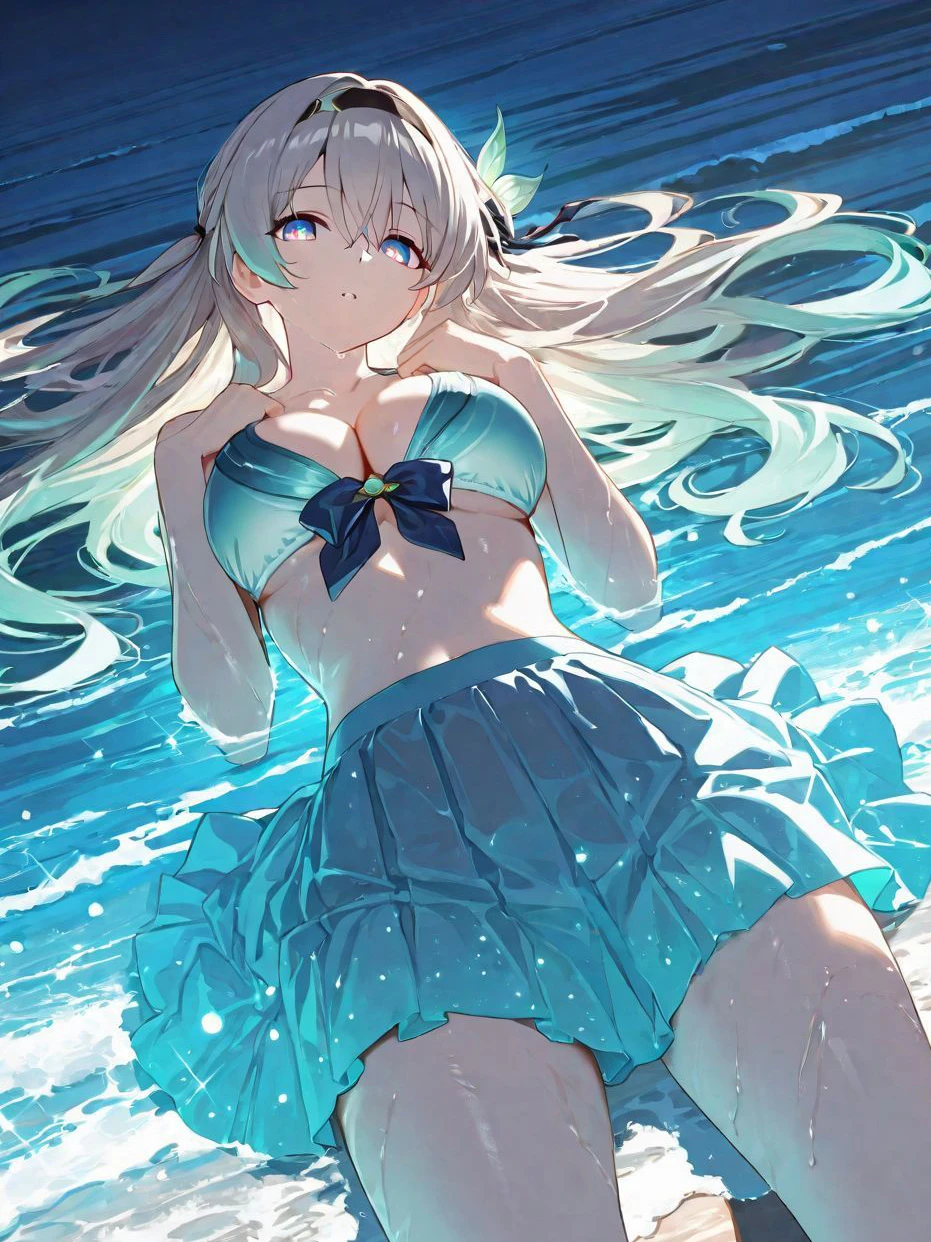 星穹铁道福利图：佩拉水蓝泳装裙装，海边湿身曲线勾人魂魄
