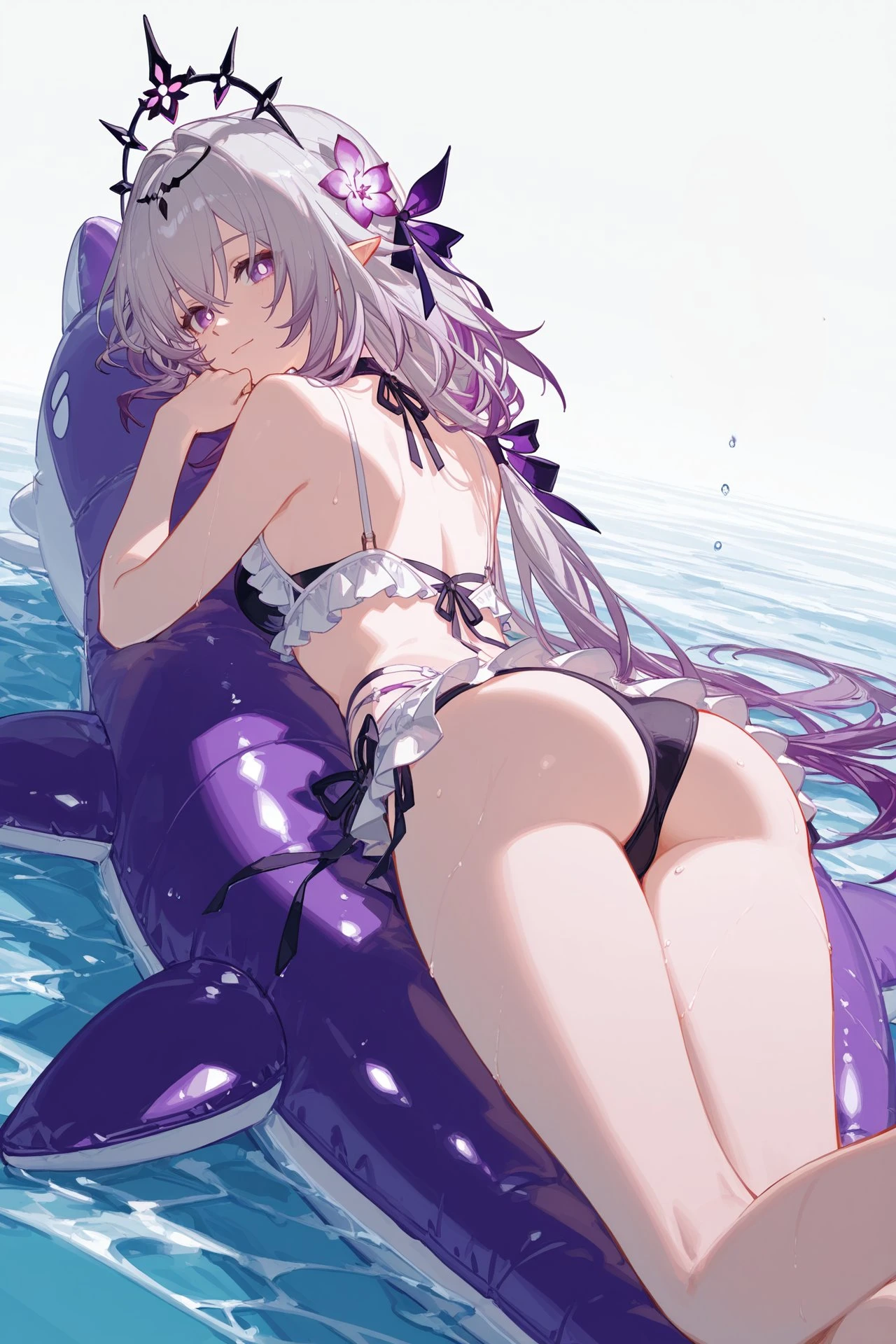 星穹铁道福利图：琳妮特黑白蕾丝泳装，趴在海豚泳圈，甜辣曲线勾人心魄