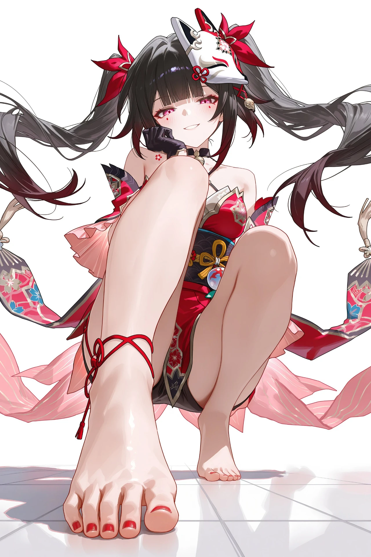星穹铁道福利图：黑塔红黑和风短装蹲坐，俏皮妖媚曲线勾人