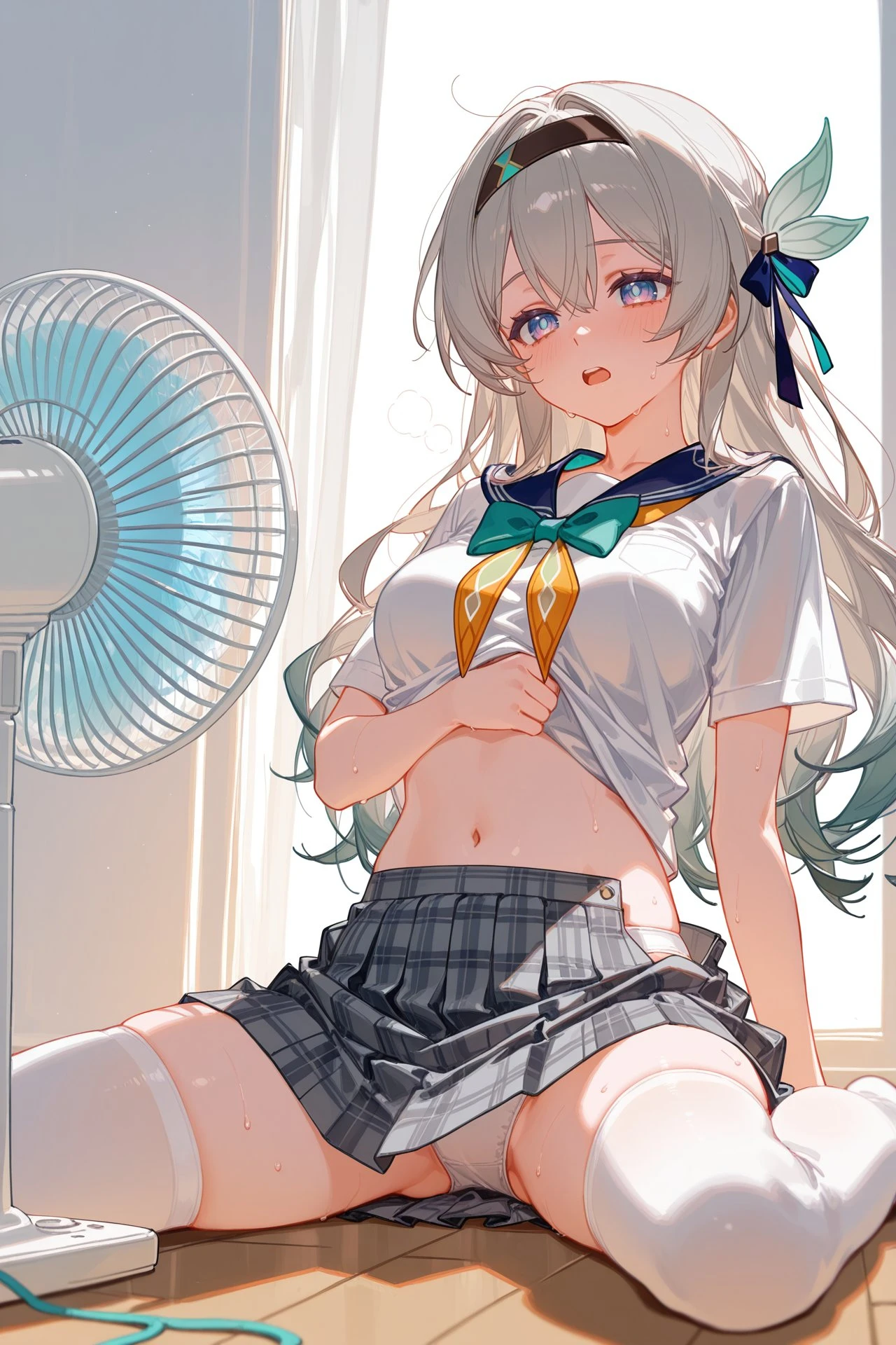 星穹铁道福利图：流萤水手服白袜，撩衣扇风娇俏性感戳中心跳