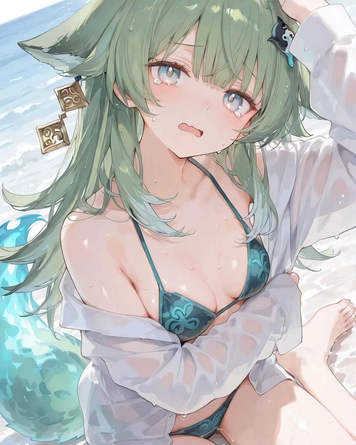 星穹铁道福利图：藿藿青色比基尼薄纱，海边娇憨性感媚骨天成
