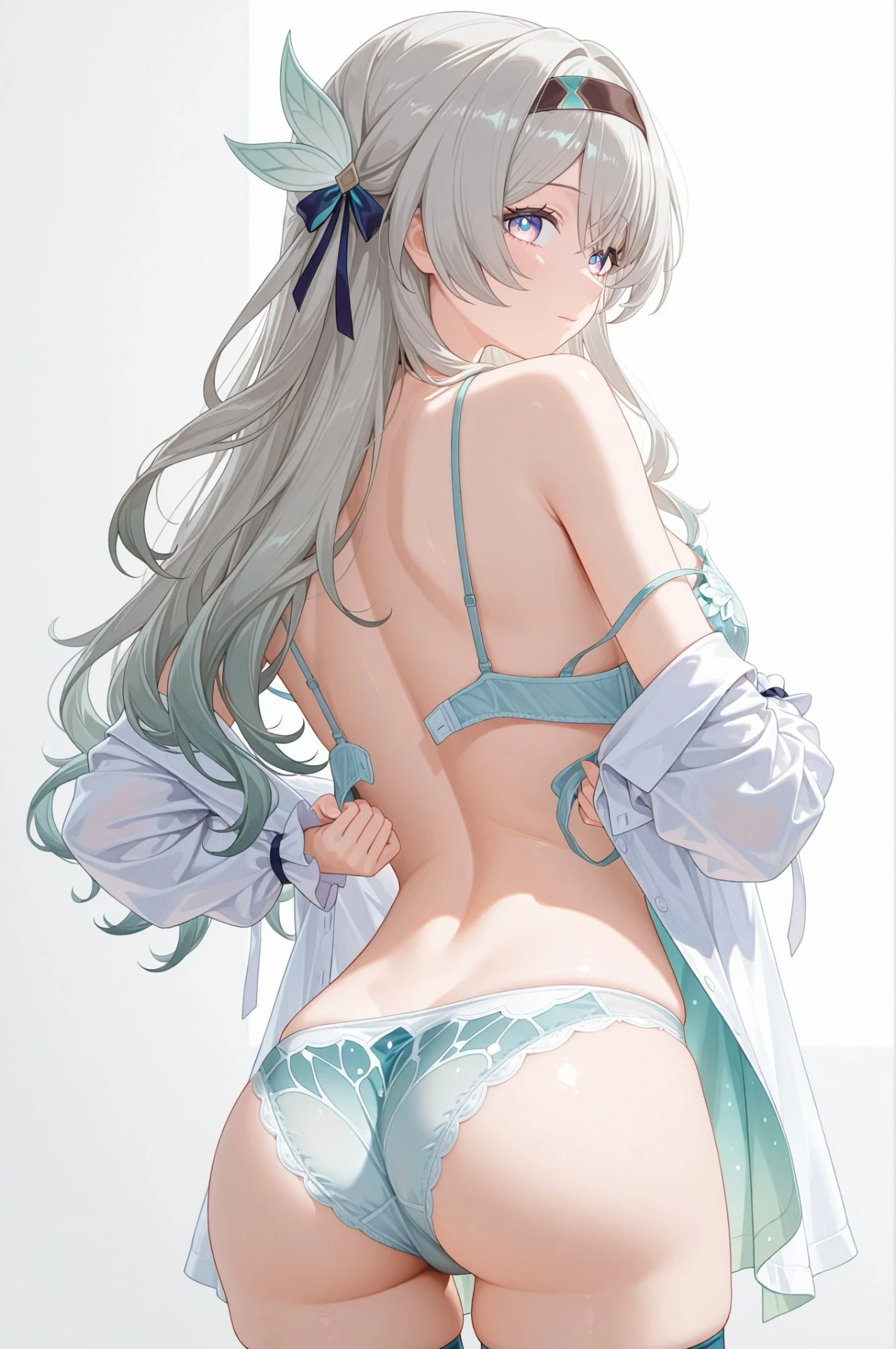 星穹铁道福利图：佩拉浅蓝内衣白衬衫，回眸露背纯欲性感，曲线勾人