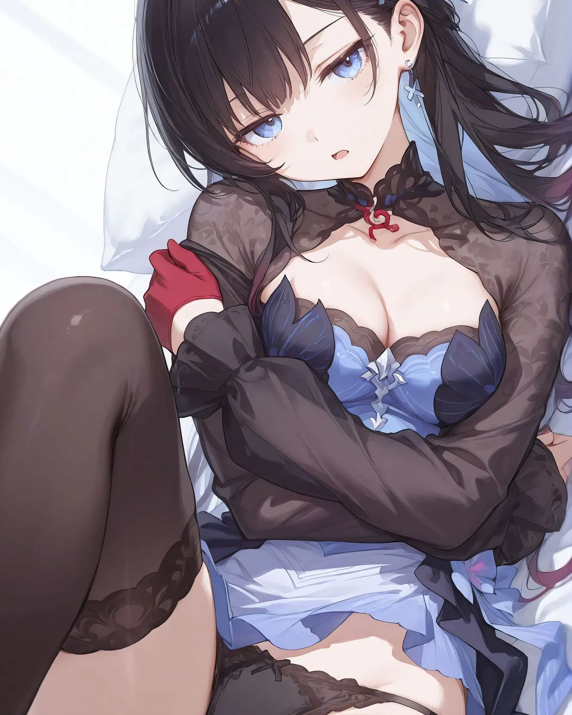星穹铁道福利图：原创角色黑色蕾丝透视装黑丝，慵懒躺姿曲线勾魂