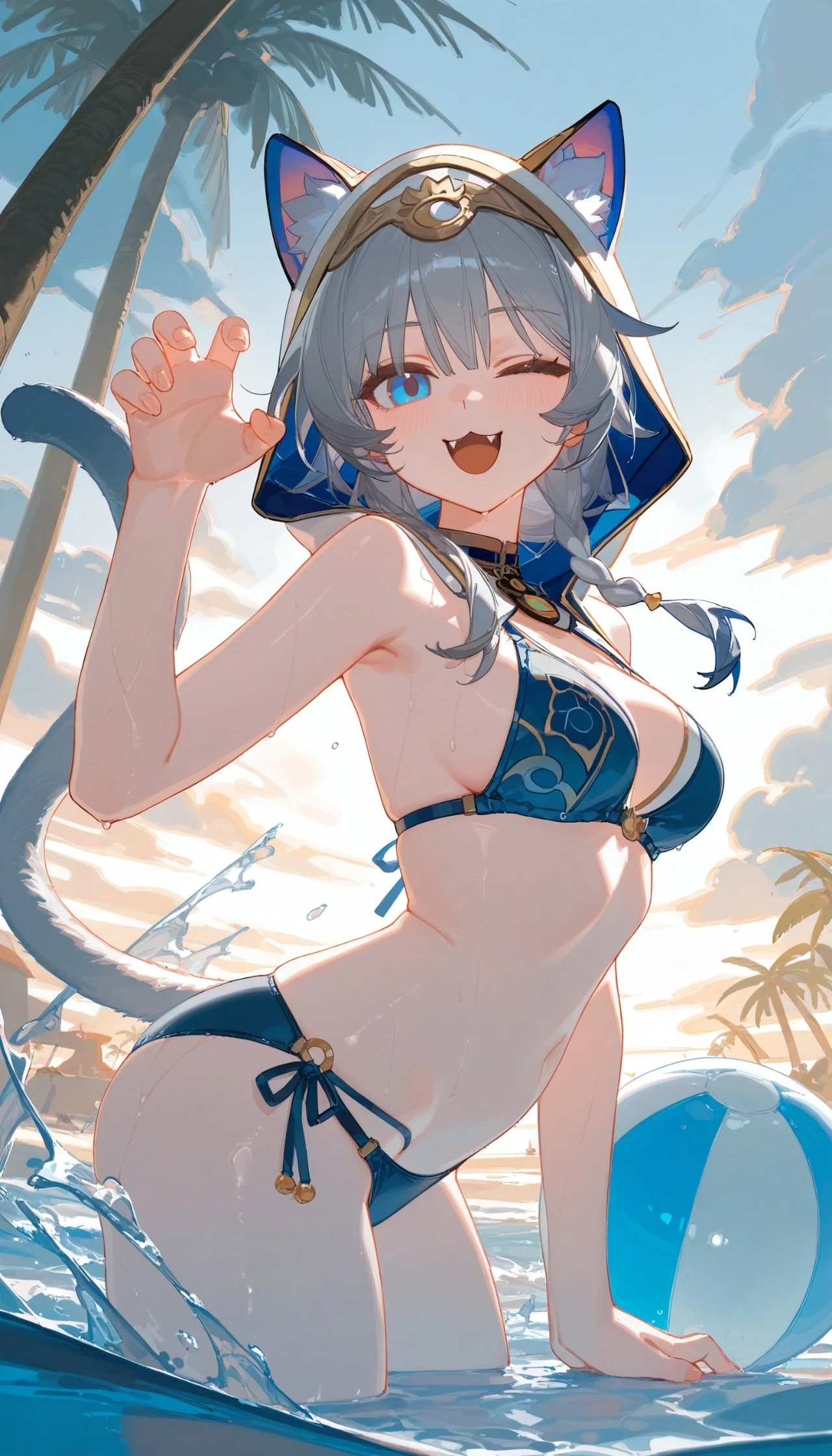 星穹铁道福利图：佩拉蓝色比基尼猫耳帽，俏皮泳装曲线勾人