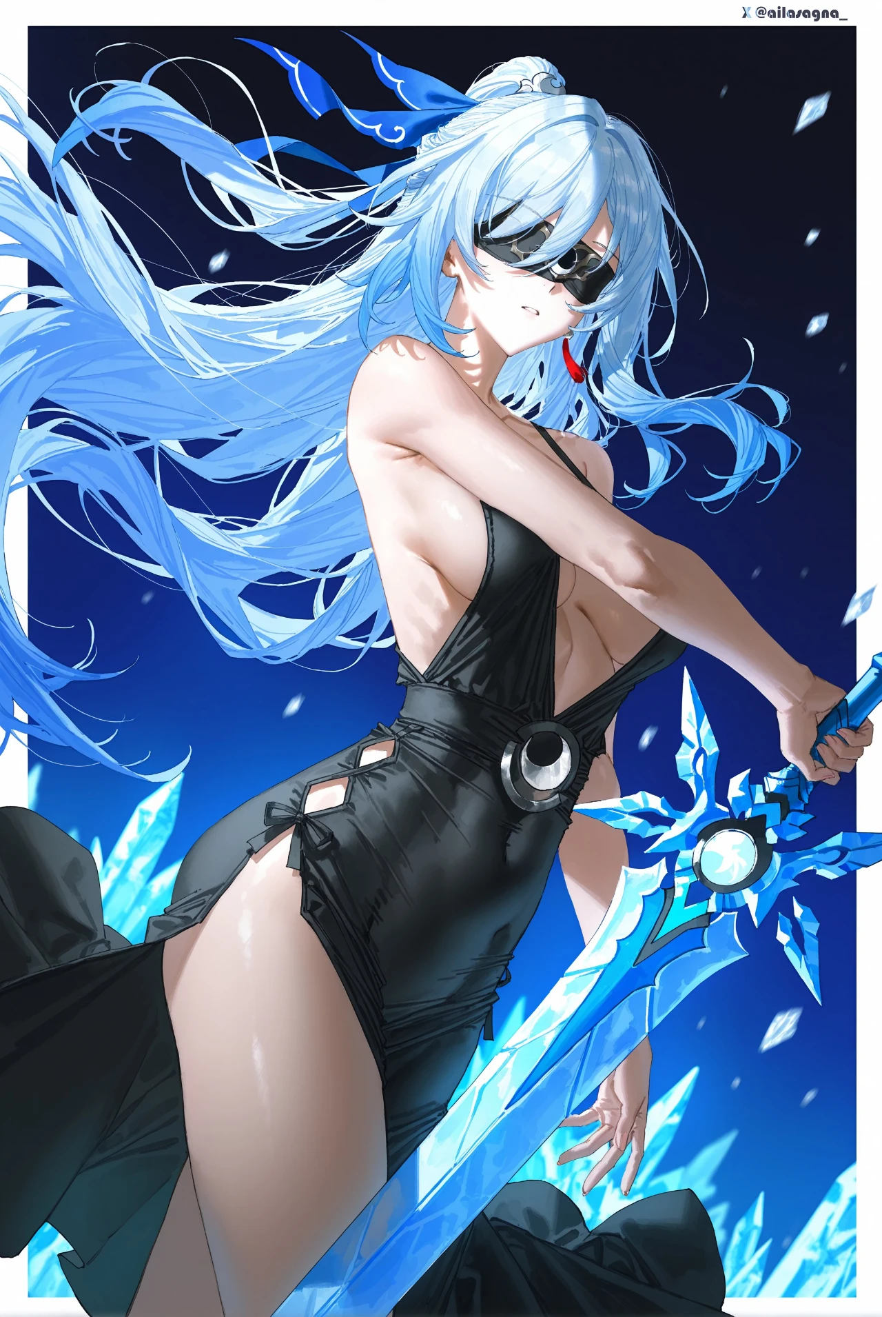 星穹铁道福利图：镜流黑色深V开叉裙眼罩，冷艳战姬曲线惑心