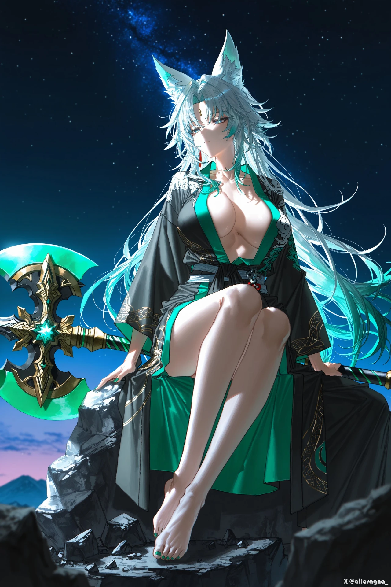 星穹铁道福利图：狐耳御姐黑绿和服深V，冷艳妖媚曲线勾魂