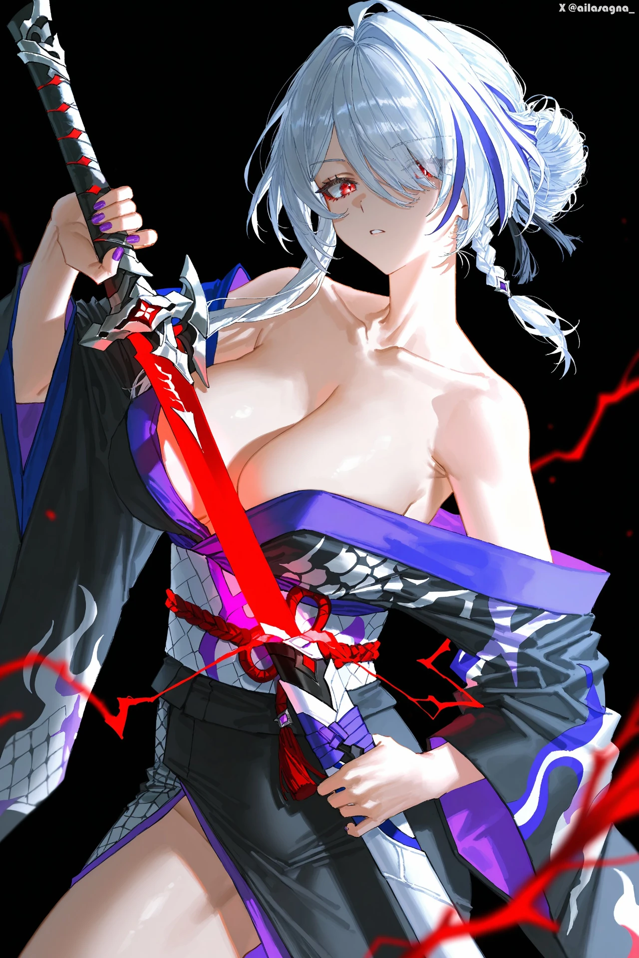 星穹铁道福利图：镜流黑紫露肩和服持剑，冷艳妖姬曲线勾魂夺魄