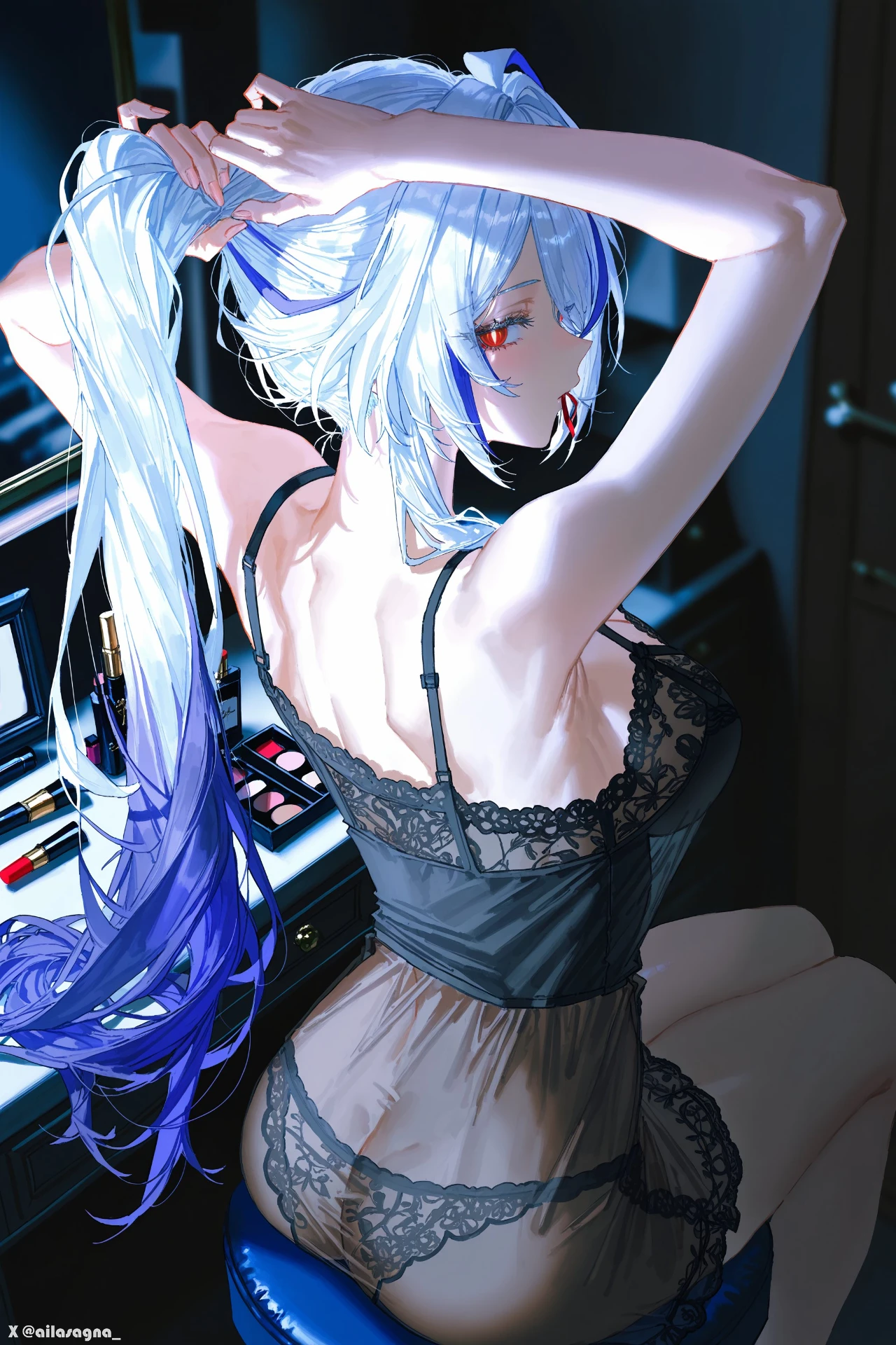 星穹铁道福利图：镜流黑色蕾丝透视睡裙，冷艳御姐曲线勾魂