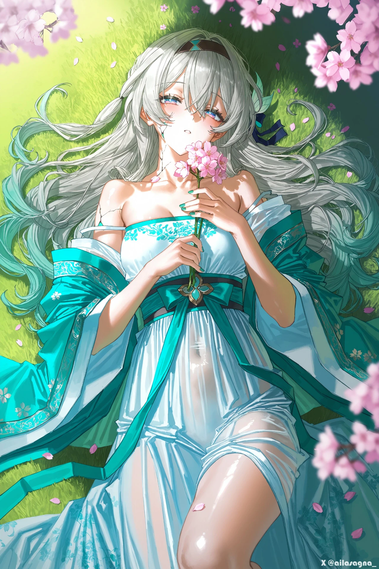 星穹铁道福利图：白露青蓝古风纱裙持花，柔媚仙姿勾魂摄魄