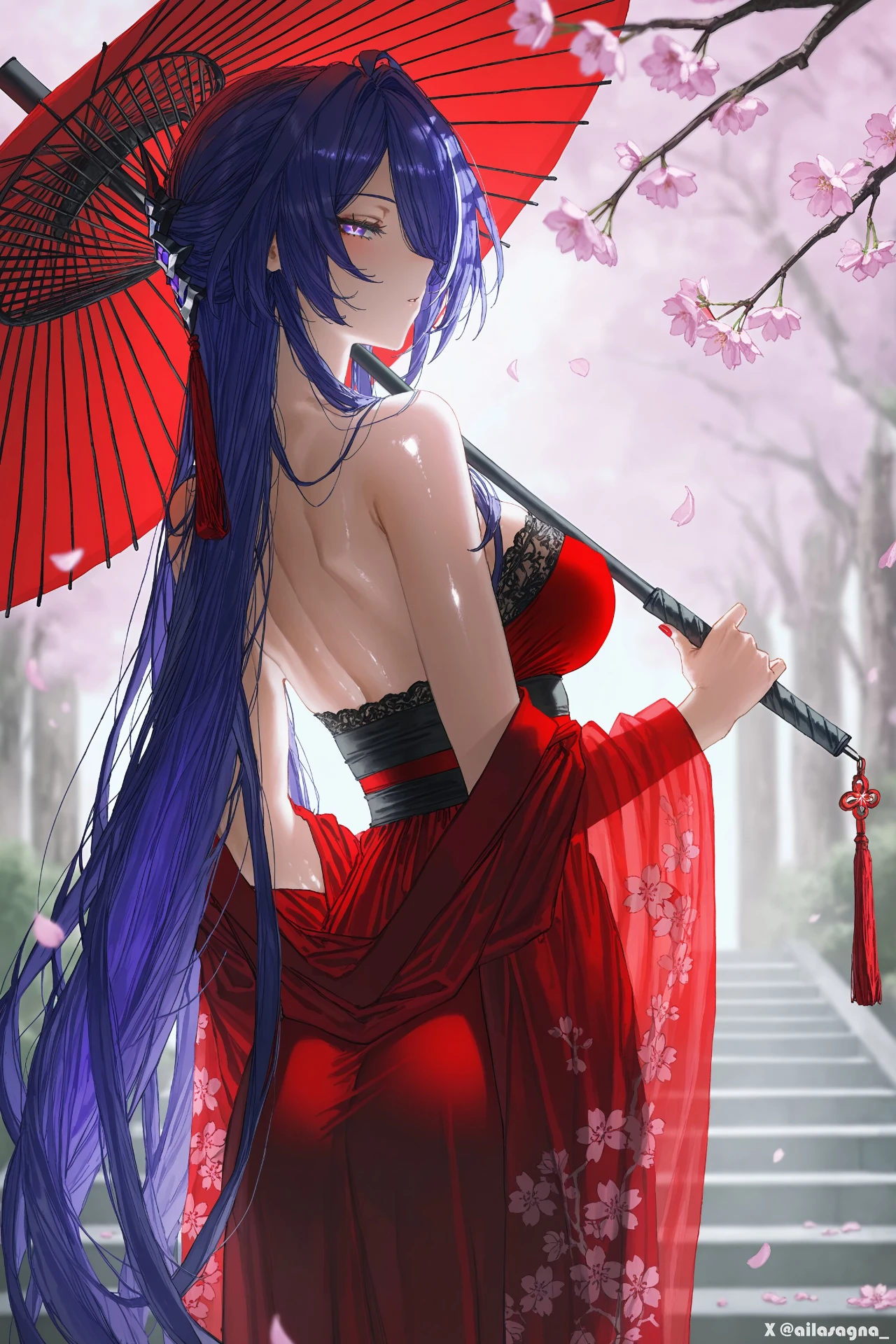 星穹铁道福利图：黄泉红色露背和服红伞，樱花林间妩媚御姐曲线勾魂