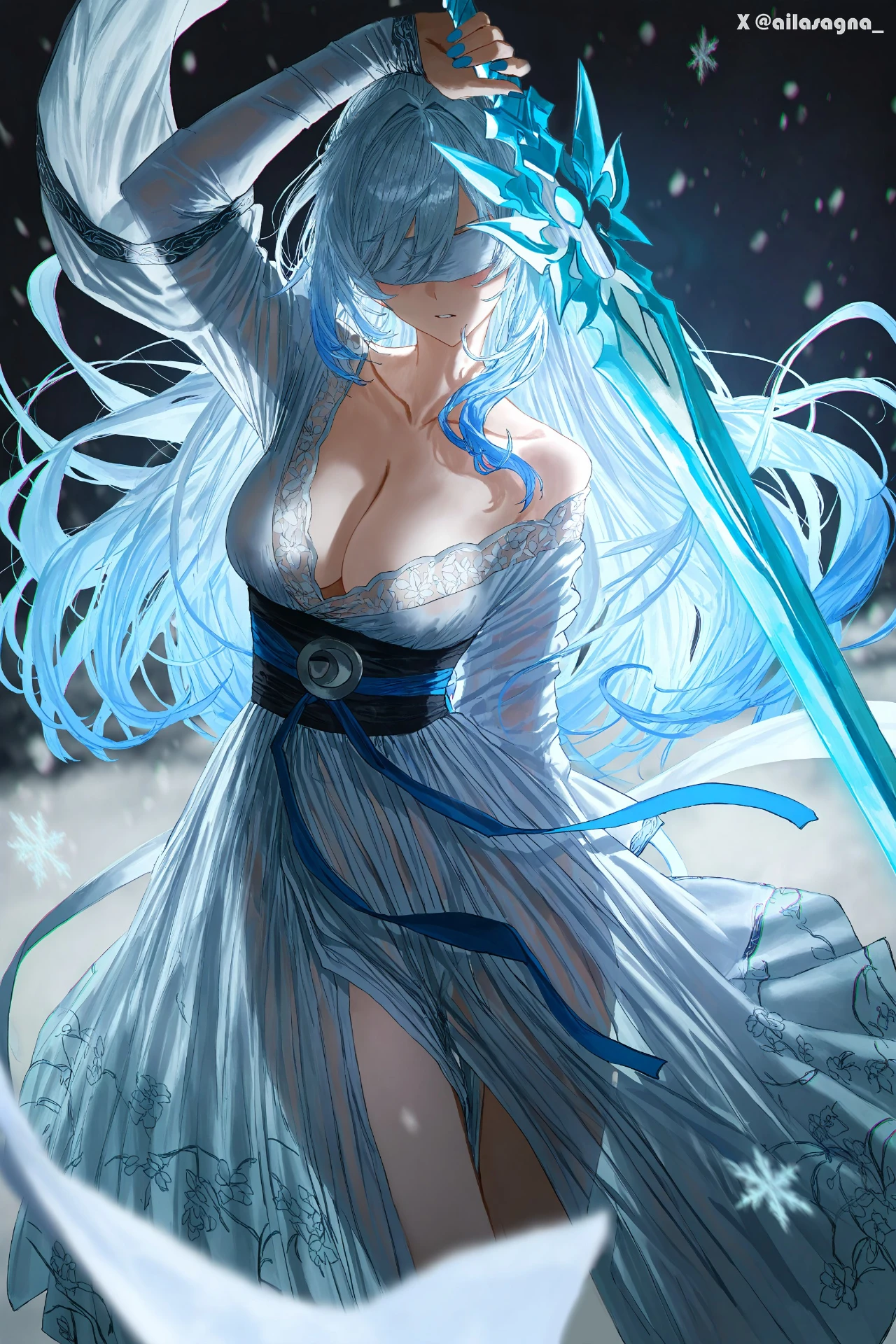 星穹铁道福利图：镜流浅蓝蕾丝深V裙，冰肌玉骨清冷魅惑勾人心魄