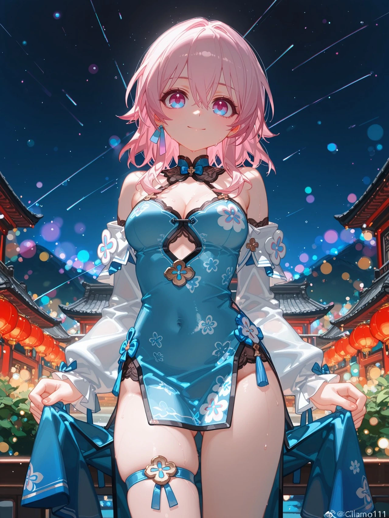 星穹铁道福利图：三月七蓝白改良旗袍，甜美娇俏曲线勾人
