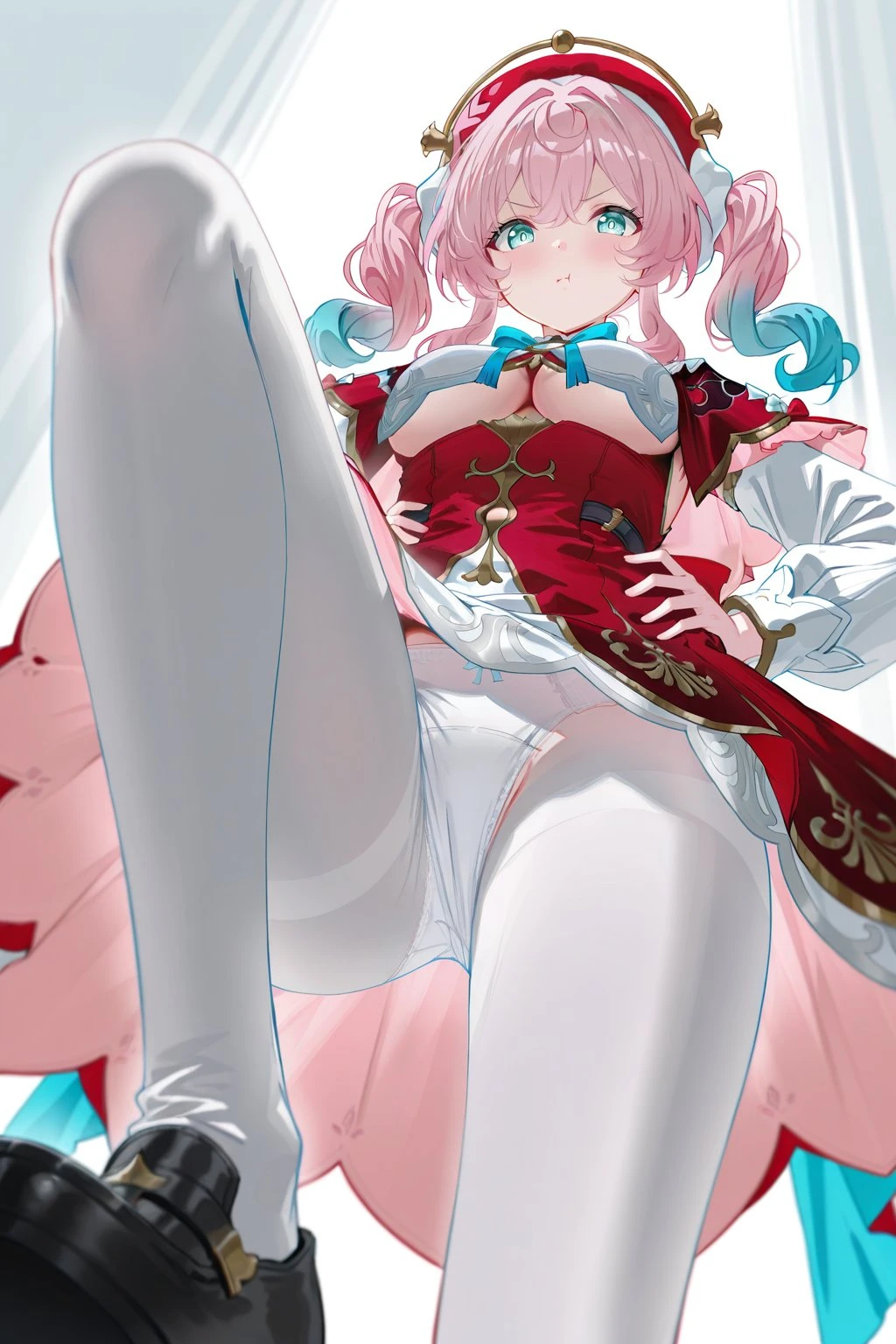 星穹铁道福利图：三月七红白裙装白丝，娇俏抬腿曲线勾人