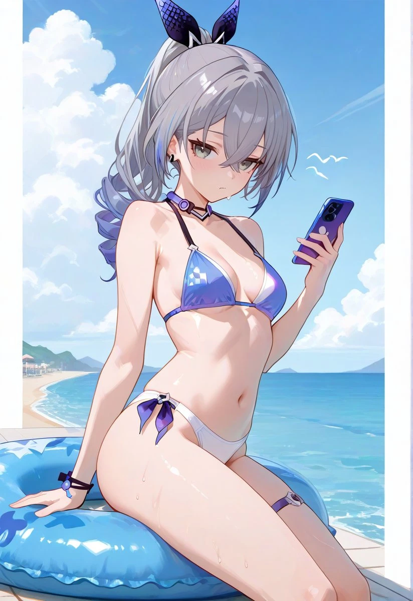星穹铁道福利图：银狼紫白比基尼泳装，海滩娇俏身材勾人魂魄