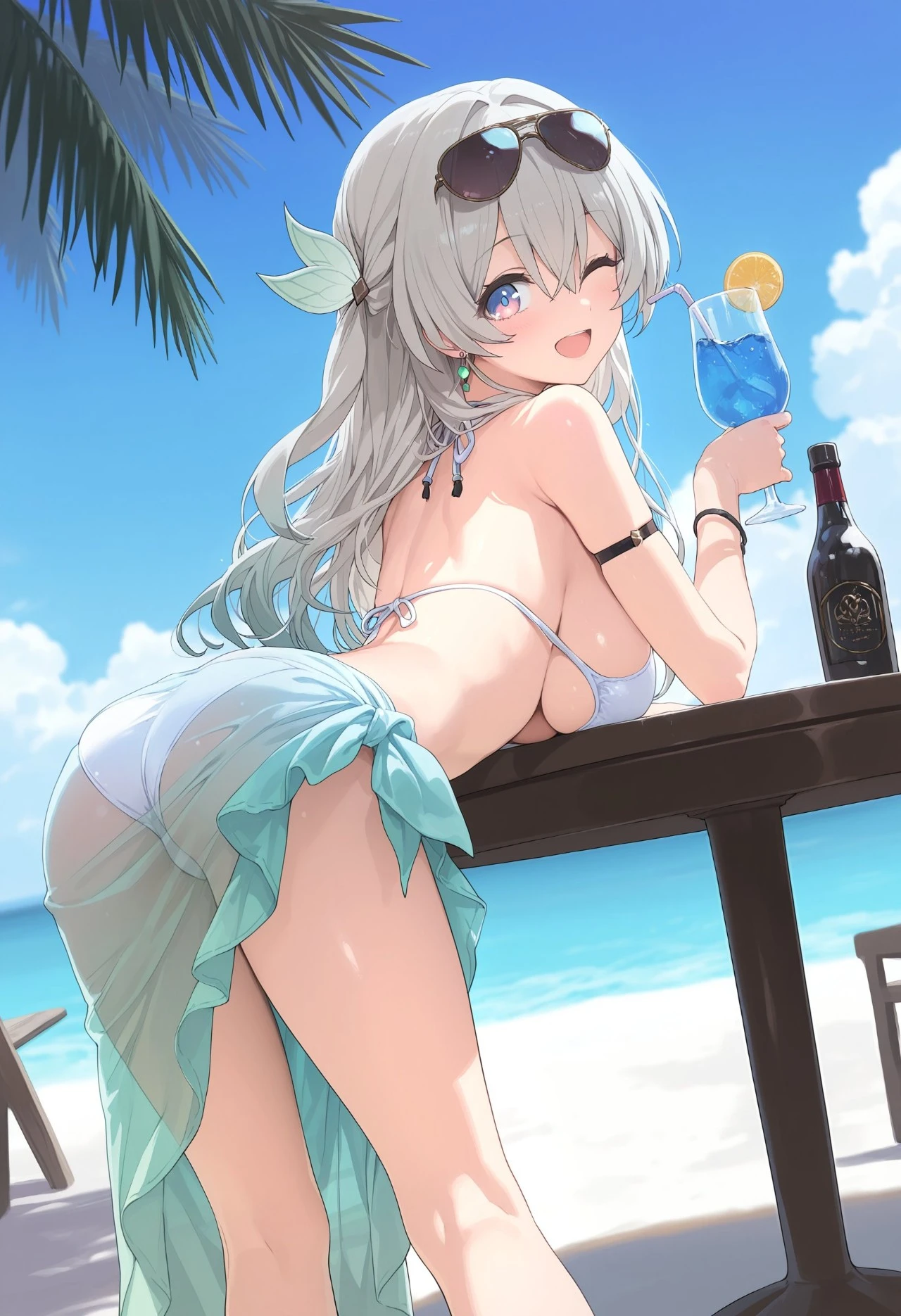 星穹铁道福利图：佩拉白色比基尼薄荷纱裙，俏皮泳装曲线勾人