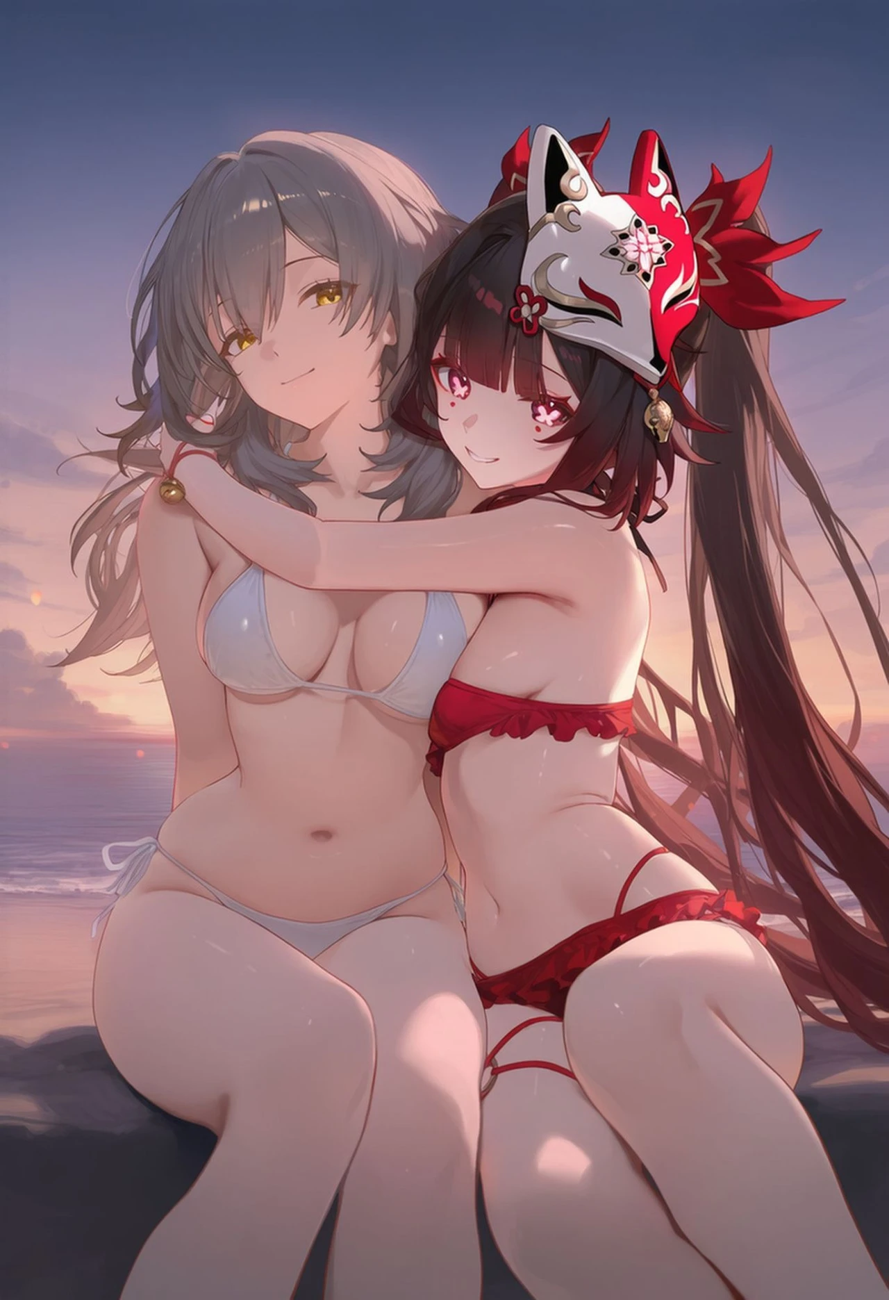 星穹铁道福利图：灰发白比基尼&黑发红比基尼少女相拥，海滩性感氛围拉满