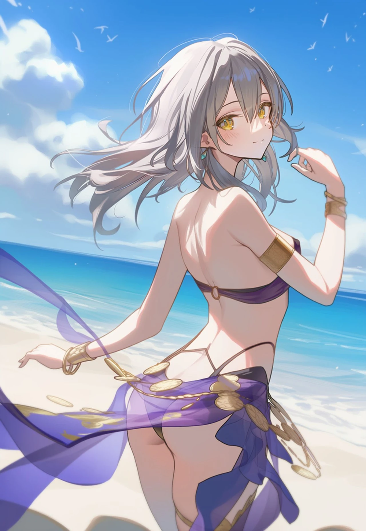 星穹铁道福利图：银狼紫色泳装金币流苏，海滩辣妹曲线撩人心魄