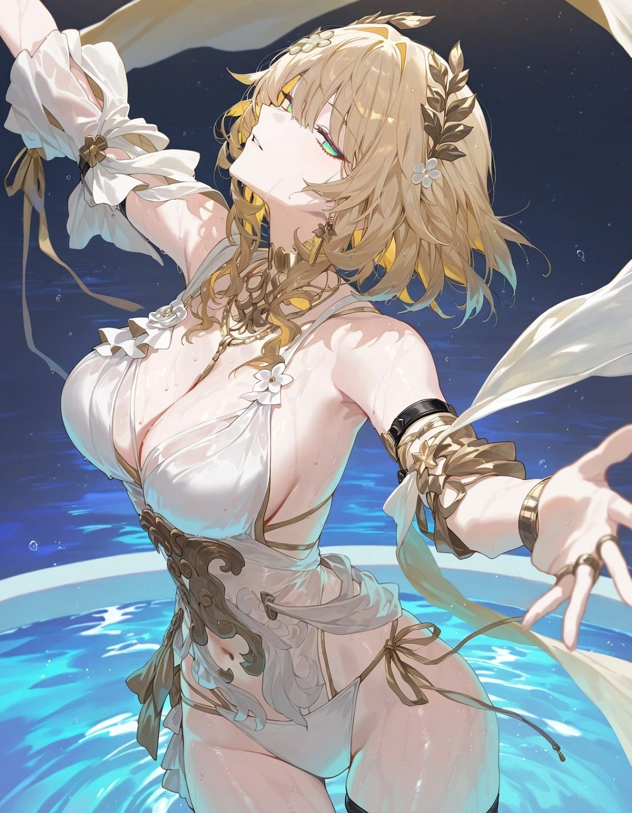 星穹铁道福利图：艾丝妲白色深V轻纱泳装，湿身魅惑曲线勾人