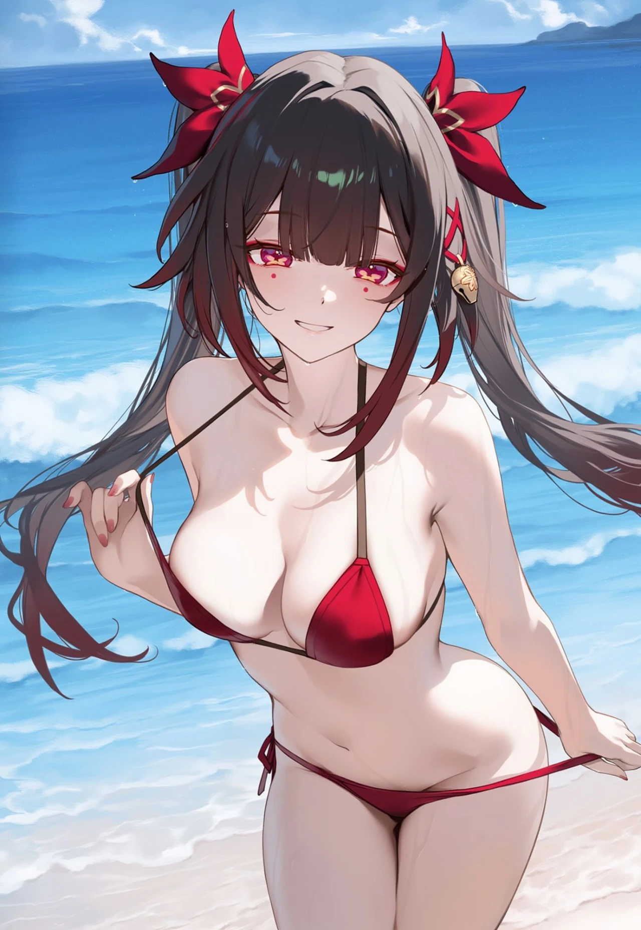 星穹铁道福利图：红色比基尼海边，俏皮性感曲线勾魂
