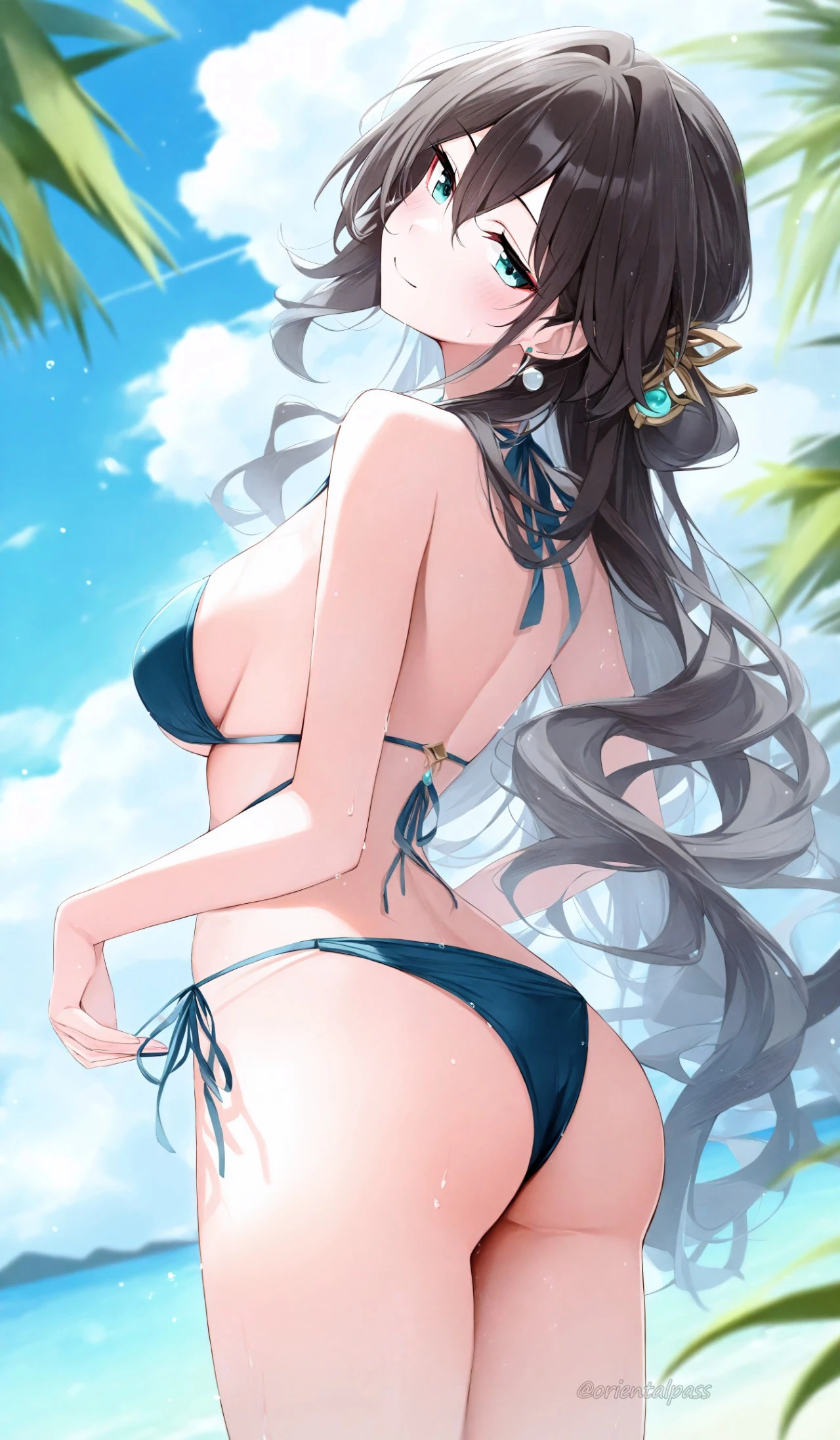 星穹铁道福利图：深蓝比基尼露背，娇俏性感海滩风情撩人心弦