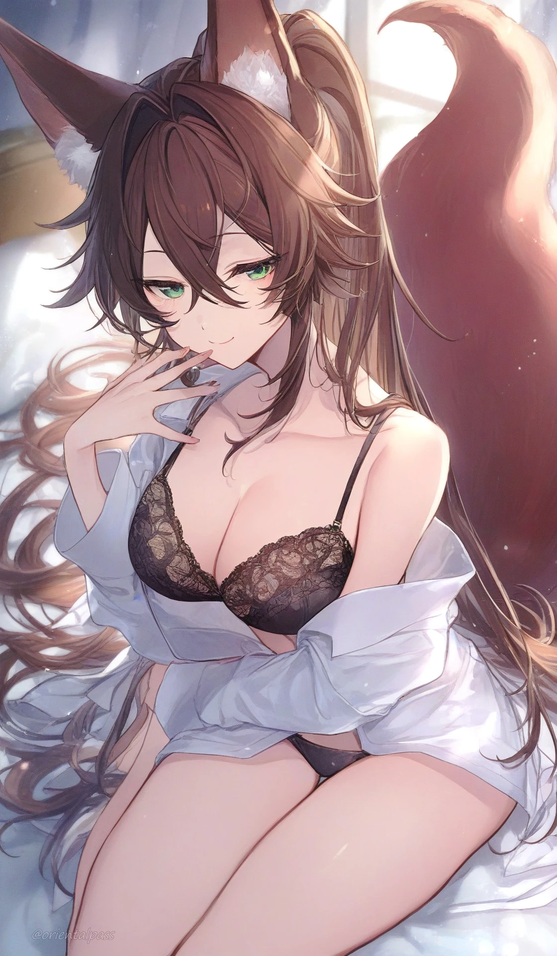 星穹铁道福利图：藿藿黑蕾丝内衣白衬衫，狐耳狐尾慵懒性感勾人心魄