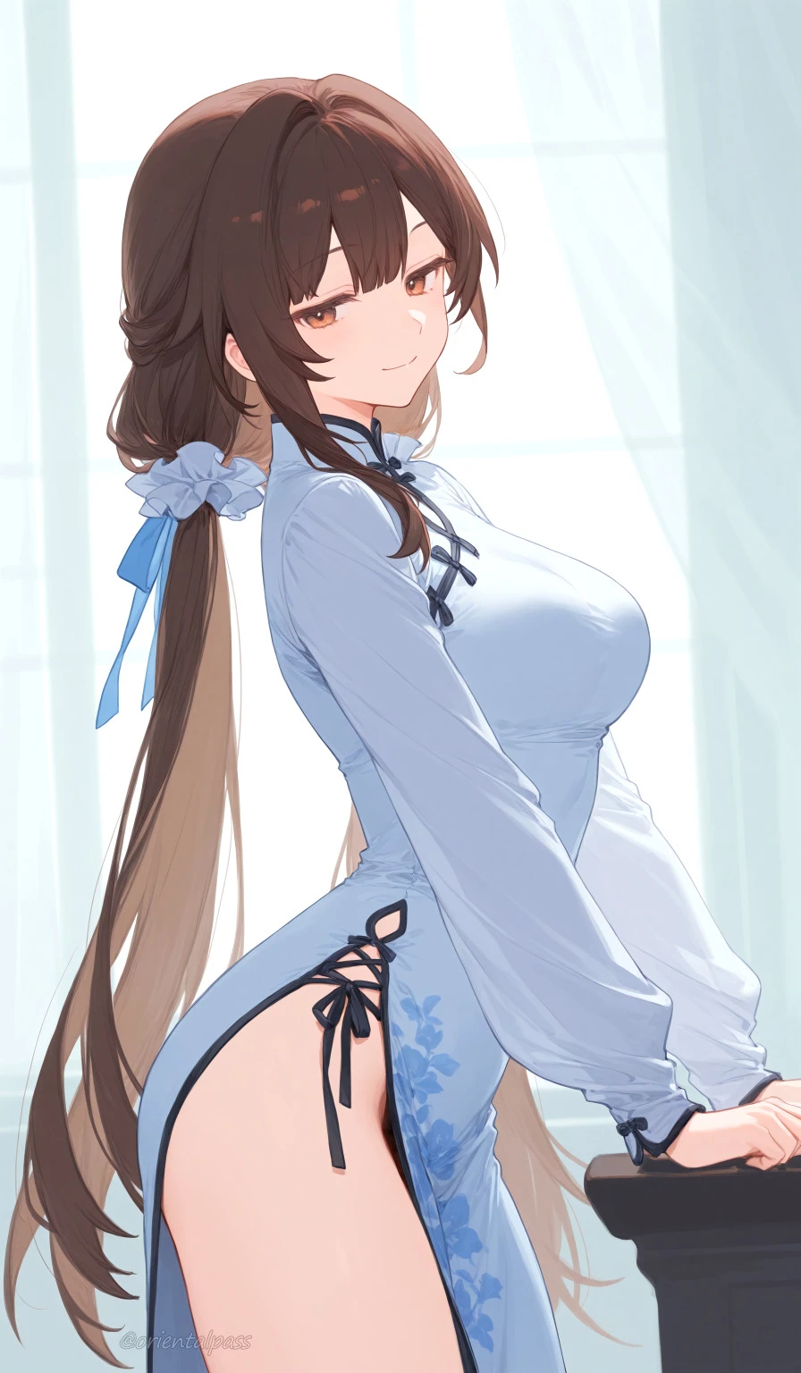 星穹铁道福利图：阮·梅浅蓝色旗袍开叉，温婉性感曲线勾人