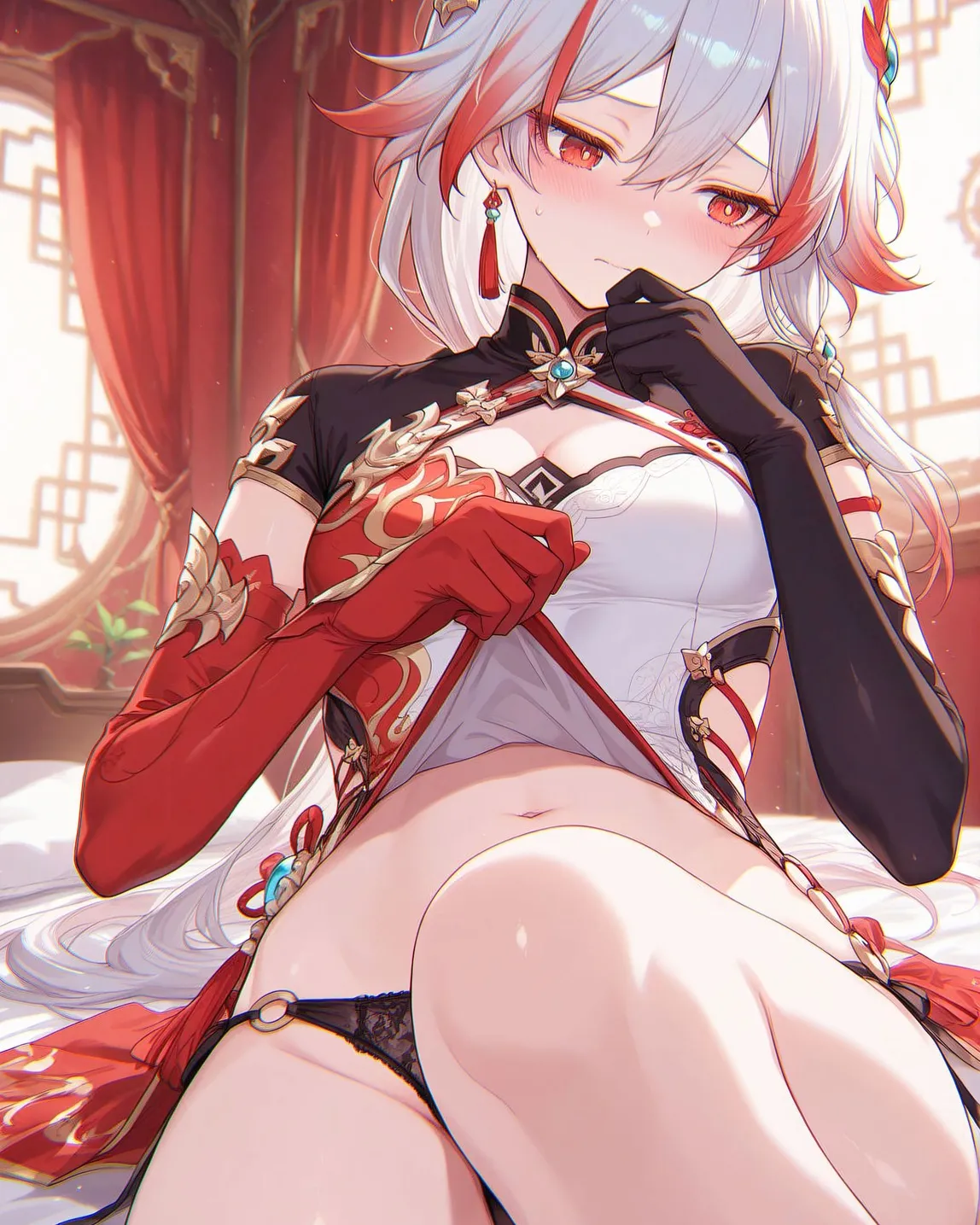 星穹铁道福利图：知更鸟红黑旗袍风服饰蕾丝，娇羞性感曲线勾人