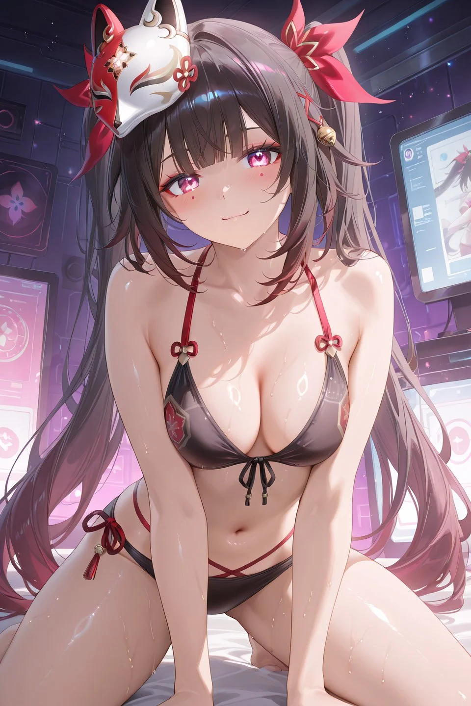 星穹铁道福利图：黄泉黑红绑带泳装水珠，娇俏魅女曲线撩心