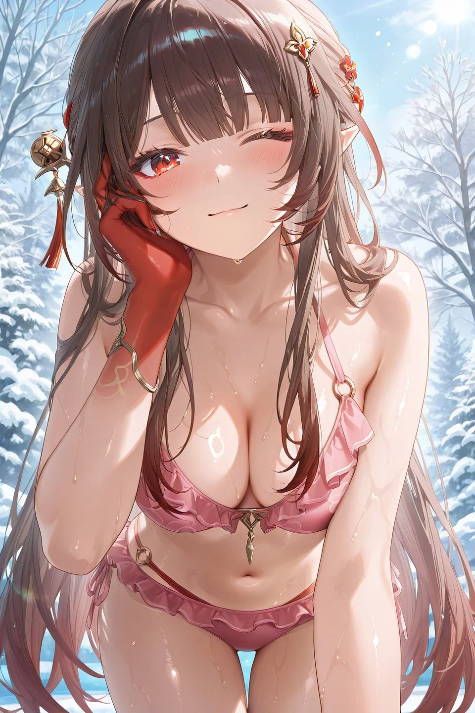 星穹铁道福利图：阮·梅粉色比基尼红手套，雪景娇躯性感勾魂摄魄