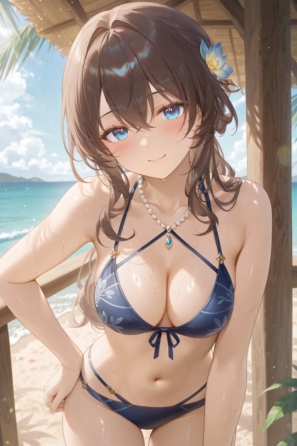 星穹铁道福利图：[角色]深蓝色花纹比基尼珍珠链，海滩甜欲曲线撩心